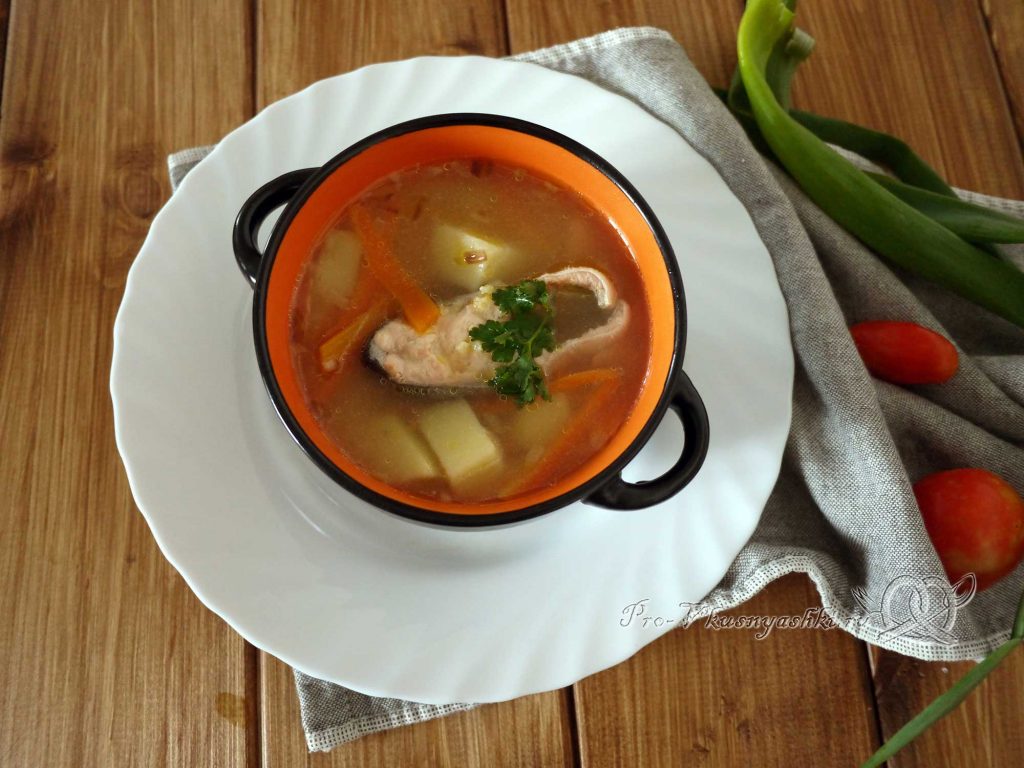 Рыбный суп из горбуши с пшеном - подача
